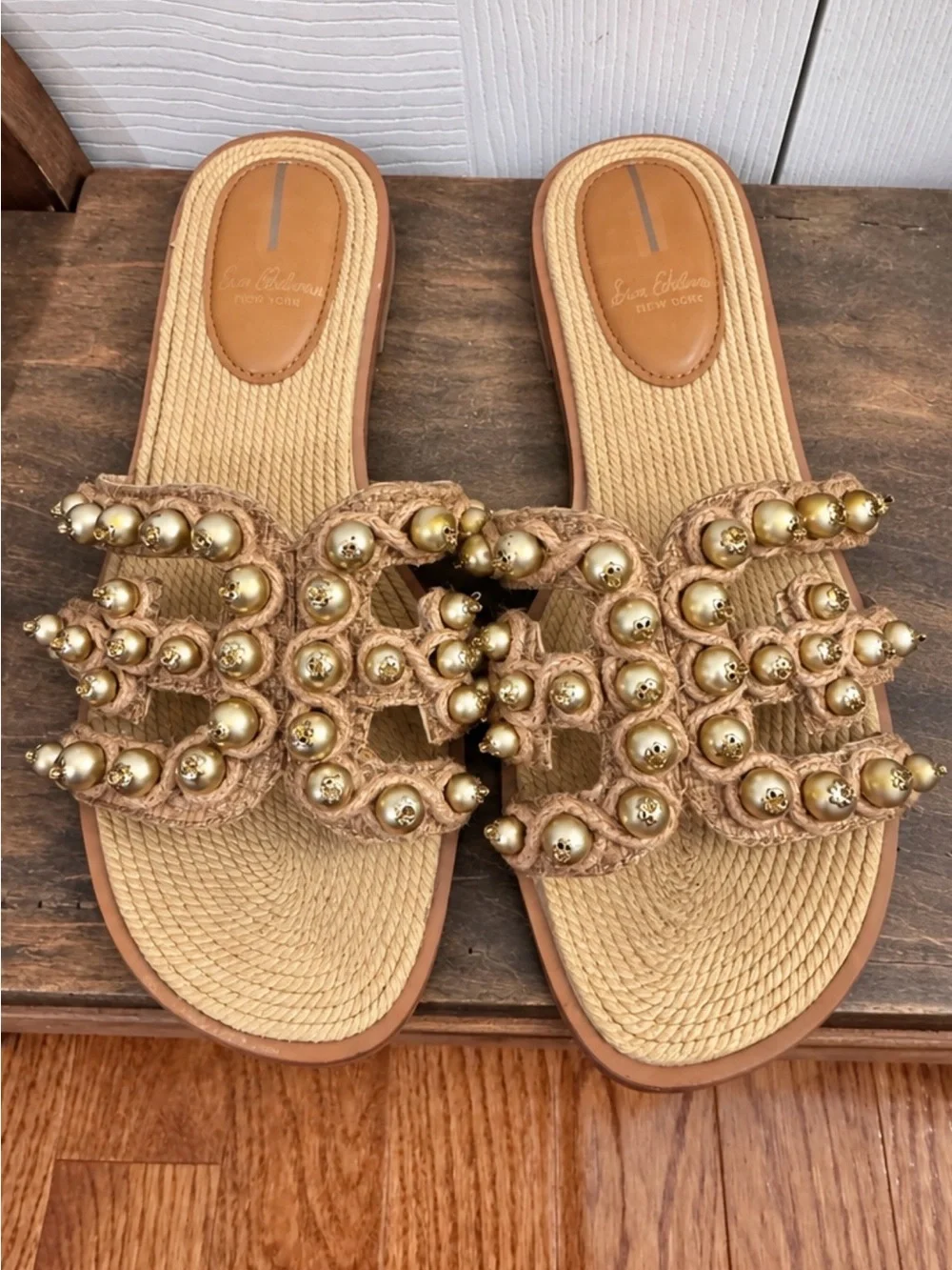 Sam Edelman Tan Raffia Slide Sandals with Gold Bead Accents